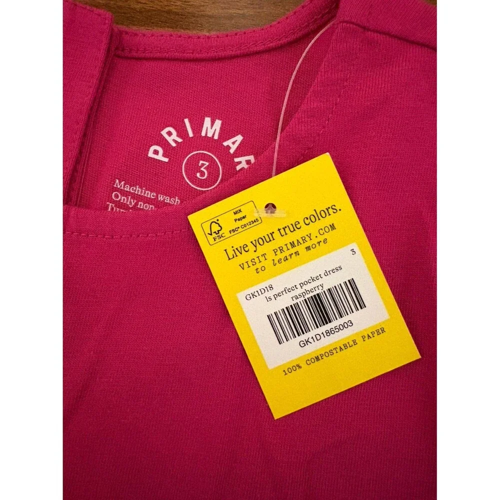 NWT Primary Long Sleeve Dress, Raspberry, Size 3T